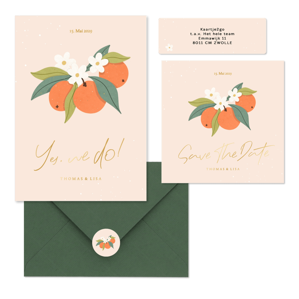 Hochzeitskartenset Orangen mit Orangenblüten 