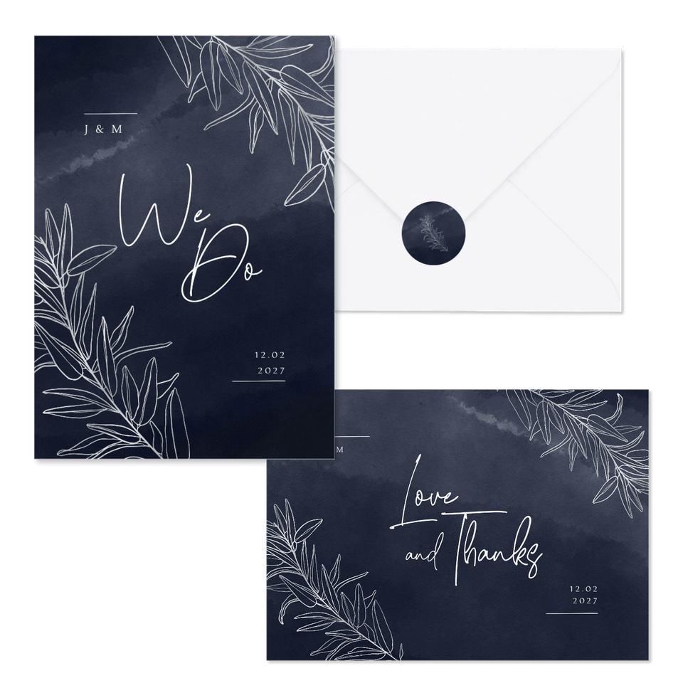 Hochzeitskartenset feine Zweige auf Aquarell in Nachtblau