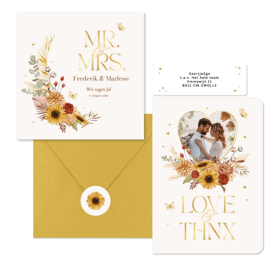 Hochzeitskartenset Blumen & Gräser mit Goldschrift