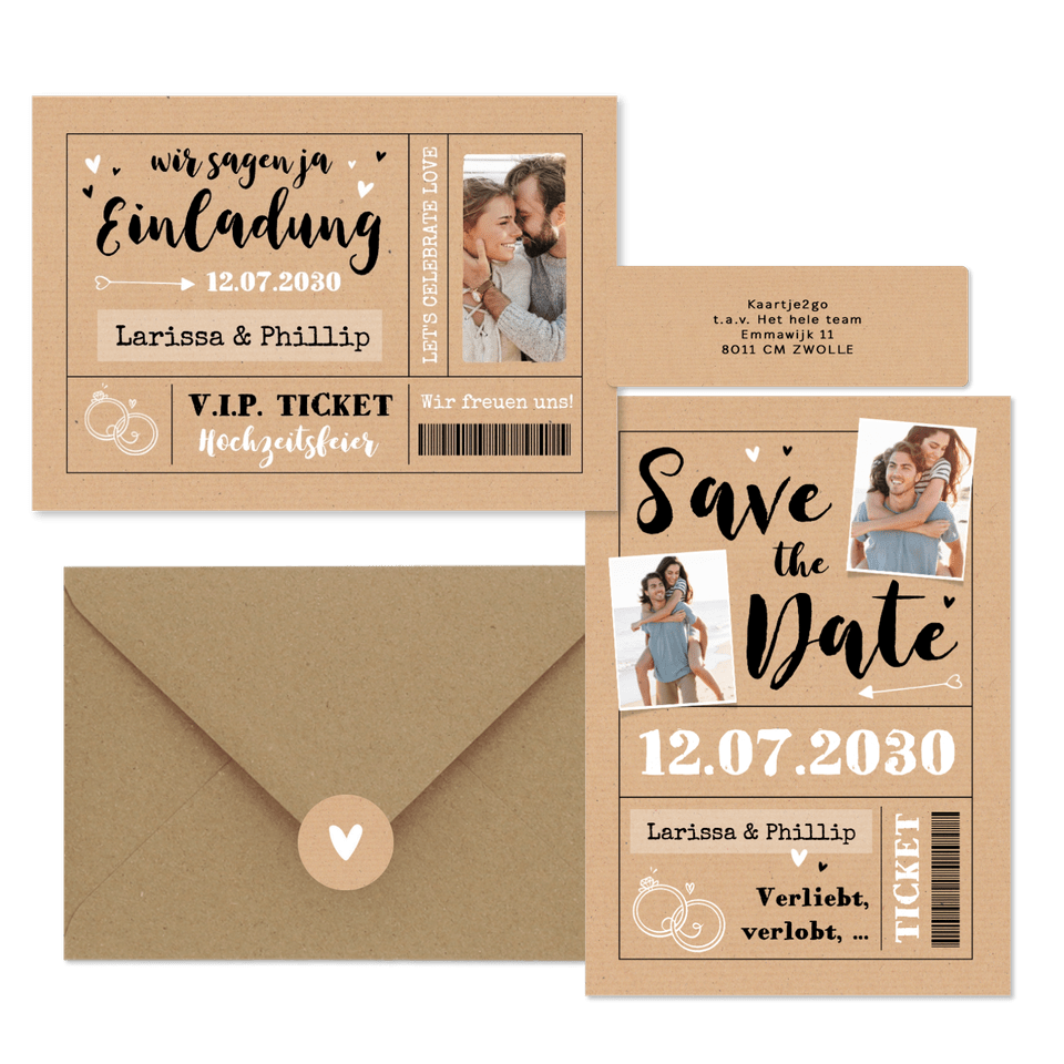 Hochzeitskarten als Ticket-Set in Kraftpapier