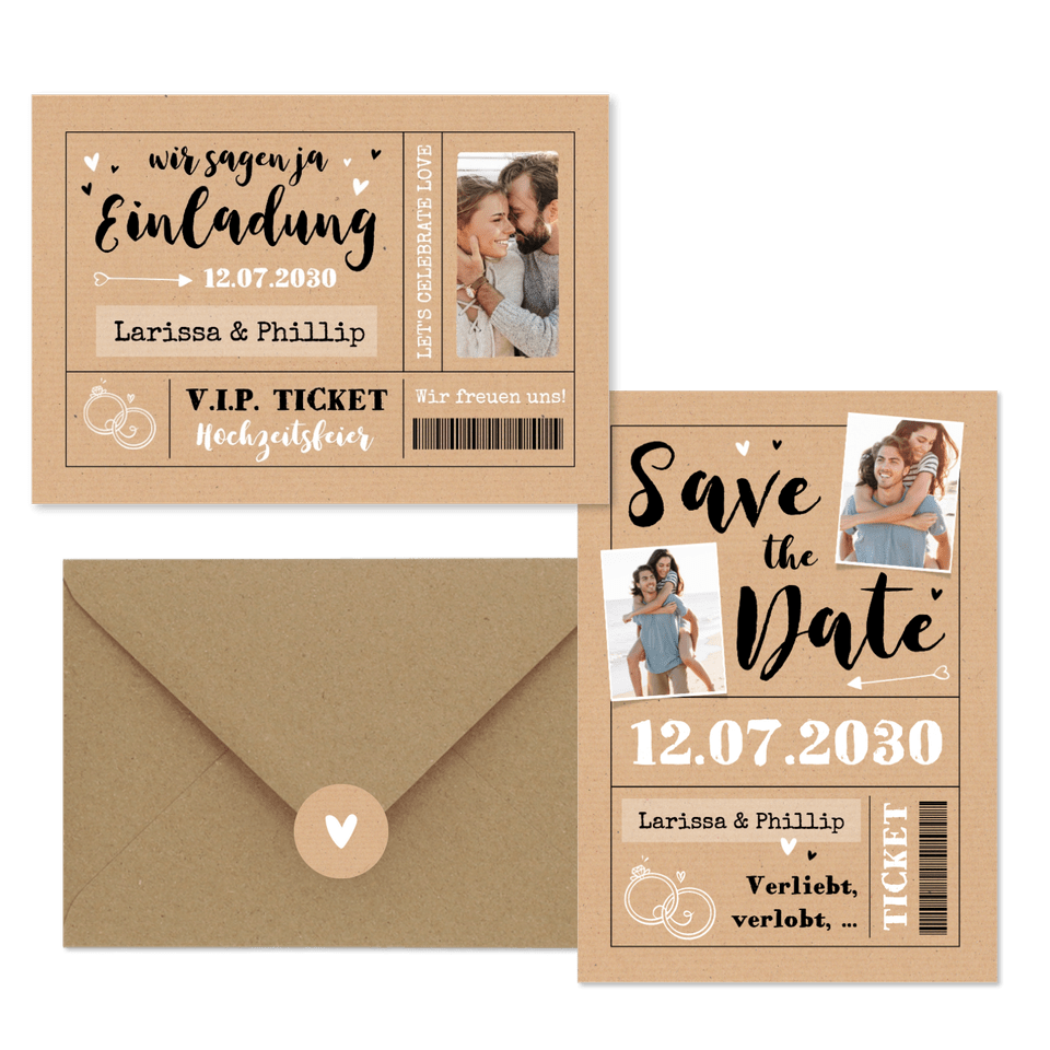 Hochzeitskarten als Ticket-Set in Kraftpapier