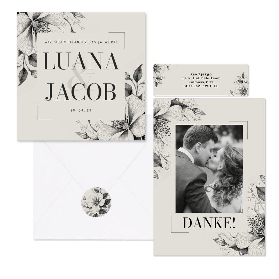 Hochzeitskartenset Vintage Blumen als Kohlezeichnung