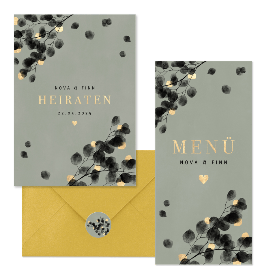 Hochzeitskartenset schwarzer Eukalyptus mit Gold