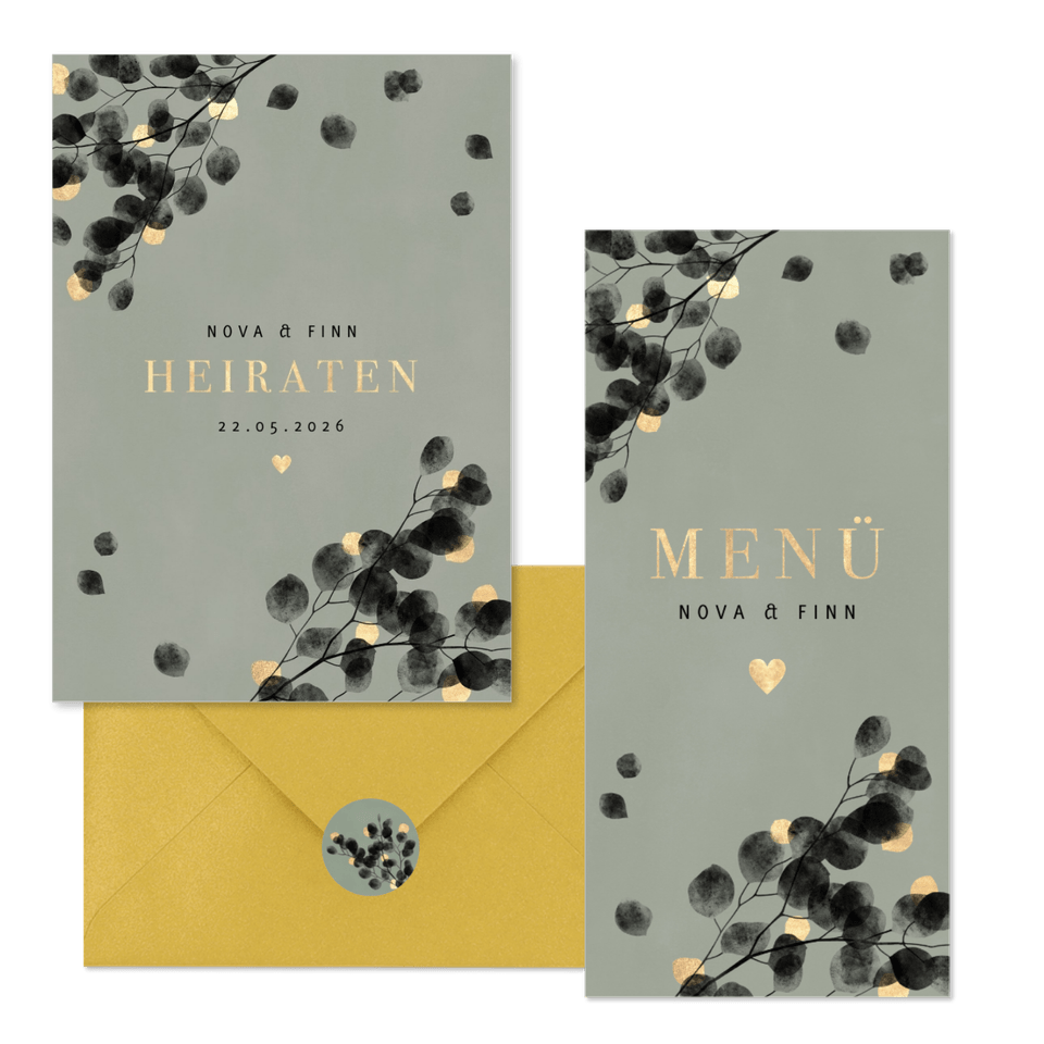 Hochzeitskartenset schwarzer Eukalyptus mit Gold