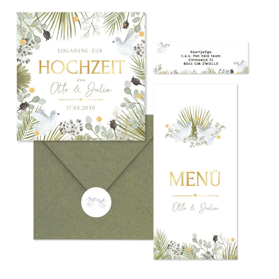 Hochzeit - Zwei weiße Tauben mit vielen grünen Zweigen