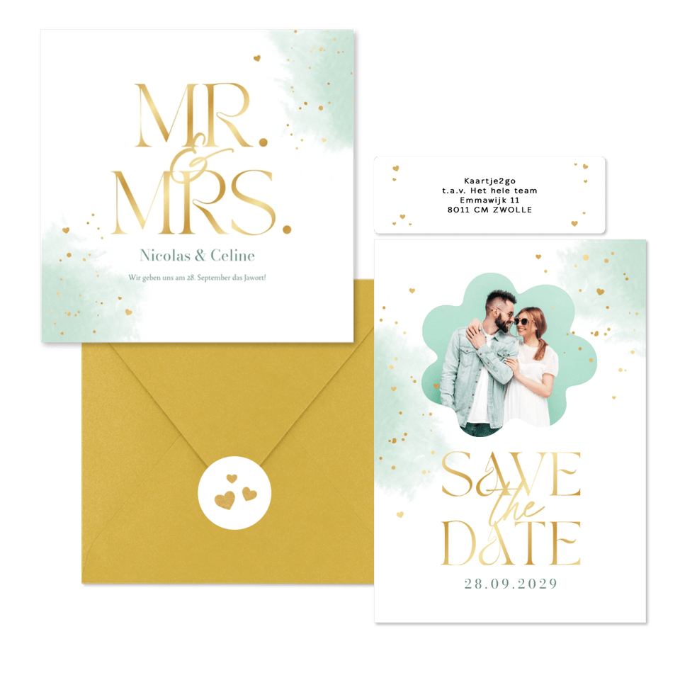 Hochzeitskartenset Wasserfarbe in Mintgrün & Gold