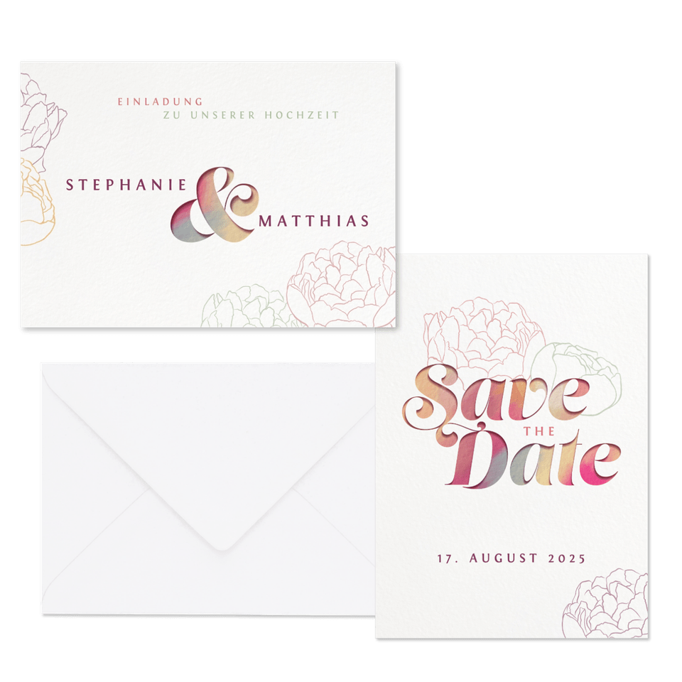 Hochzeitskartenset Bunte Papeterie mit Pfingstrosen