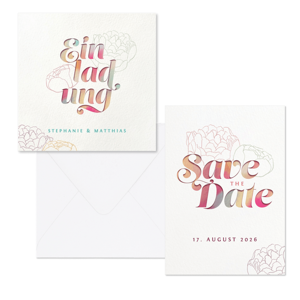 Hochzeitskartenset Bunte Papeterie mit Pfingstrosen