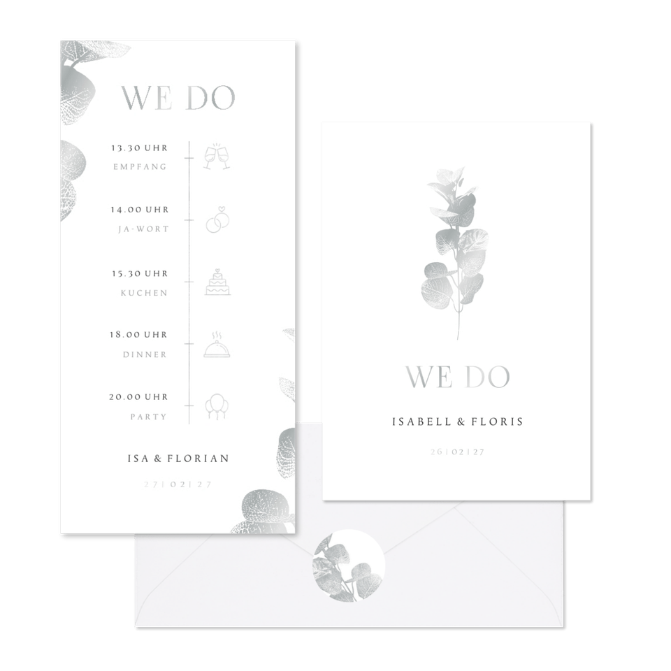 Hochzeitskartenset einfacher Eukalyptuszweig in Silber