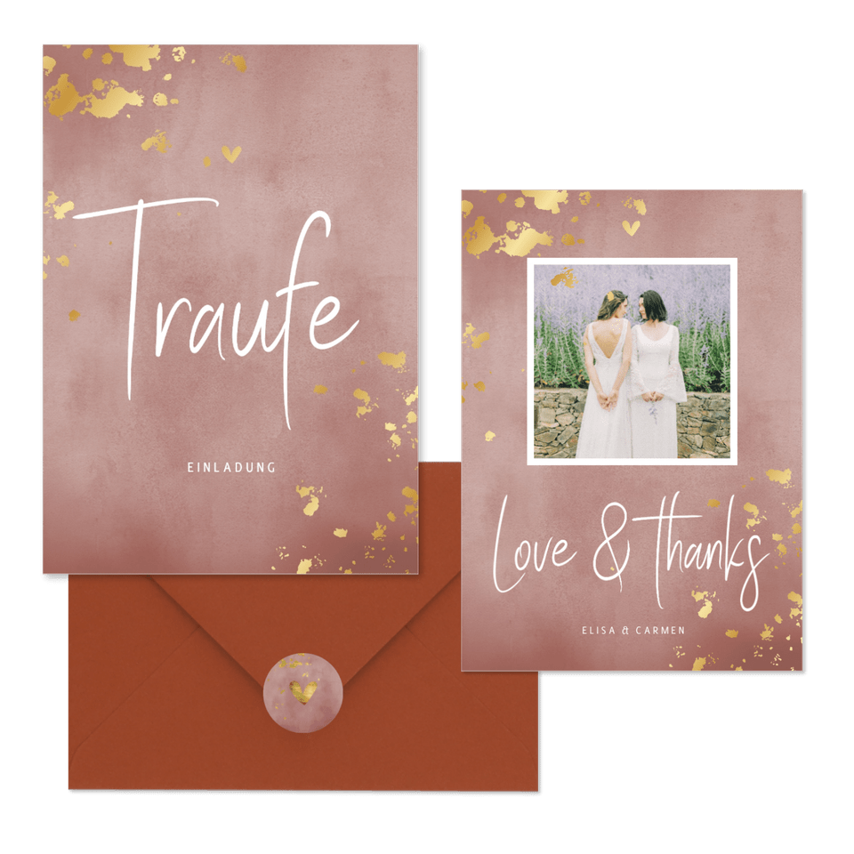 Hochzeitskartenset rosa Aquarell mit Goldtupfen