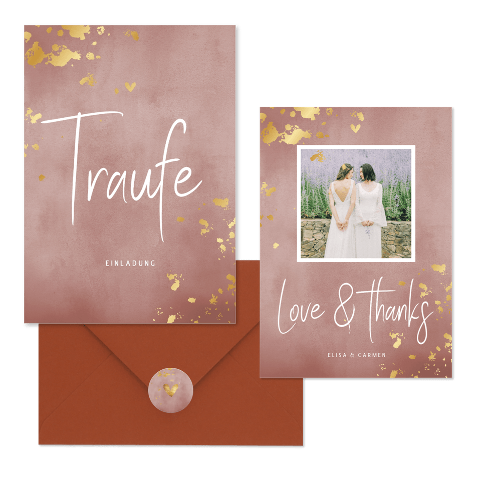 Hochzeitskartenset rosa Aquarell mit Goldtupfen