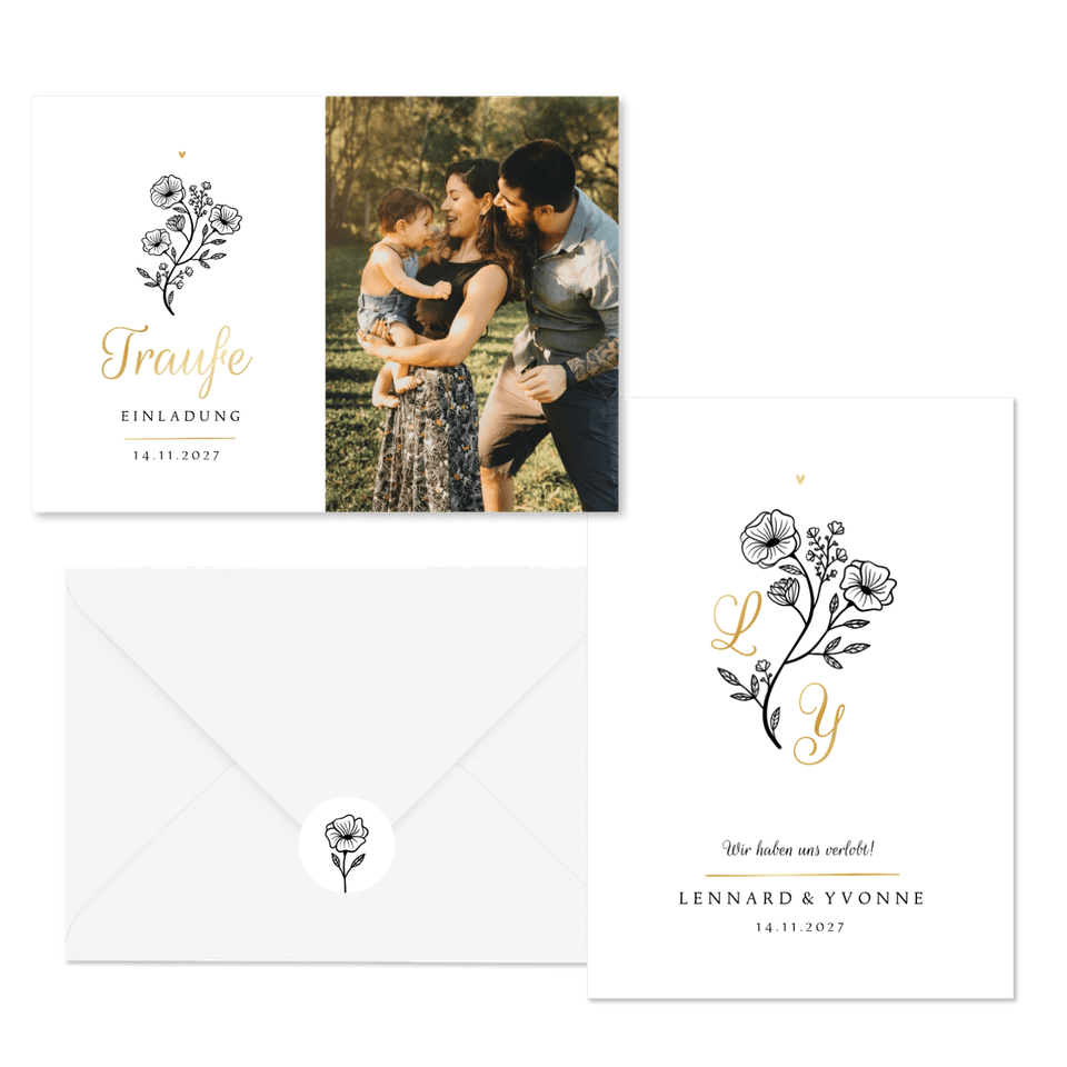 Hochzeitskartenset Blumenillustration schwarz-weiß