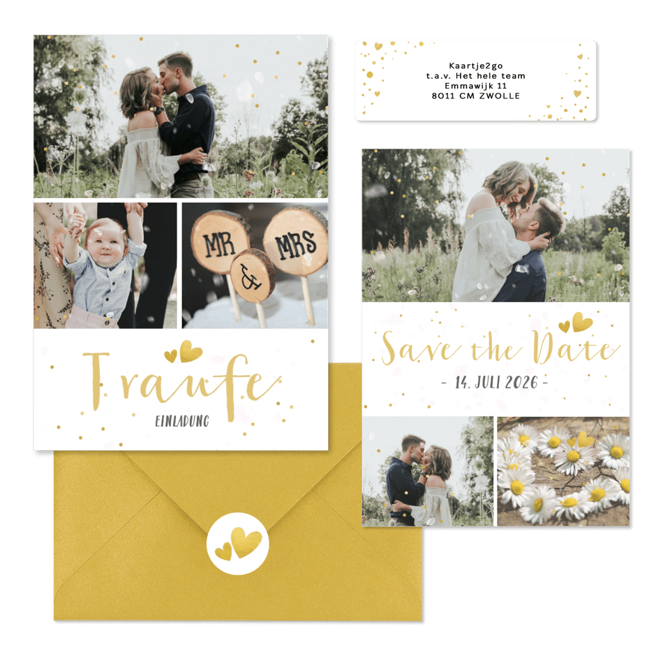 Hochzeitskartenset schlicht goldenes Konfetti 