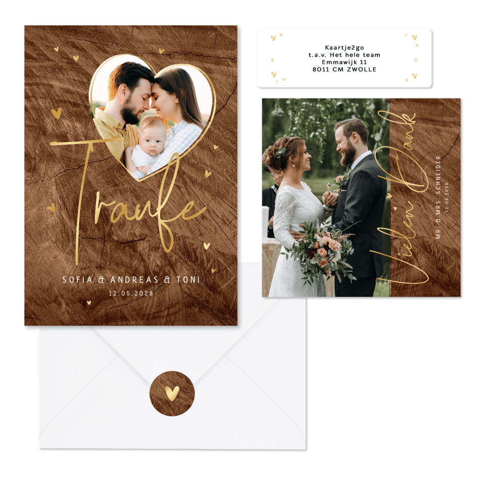 Hochzeitskartenset Holzoptik mit Goldschrift