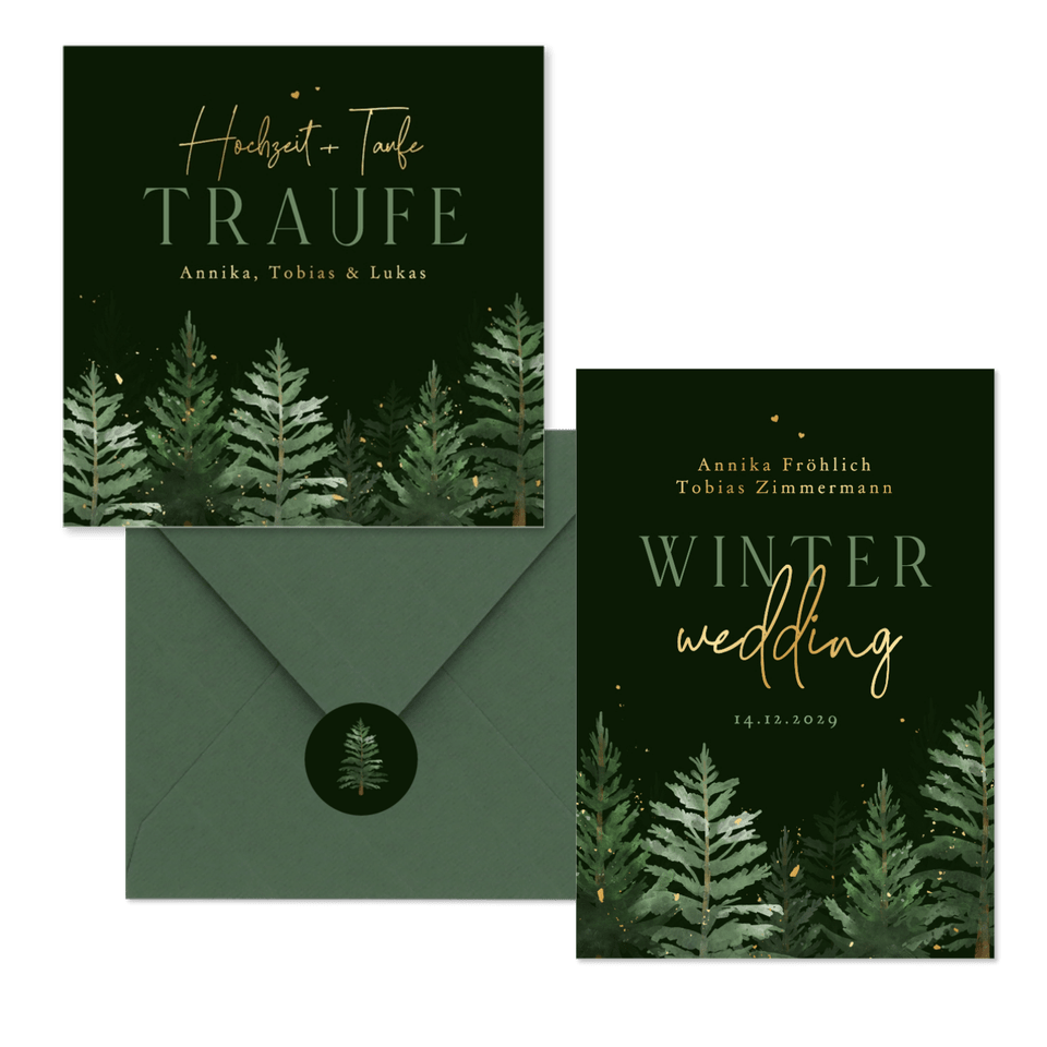 Hochzeitskarten Winterset Tannenbäume in Aquarell auf Dunkelgrün