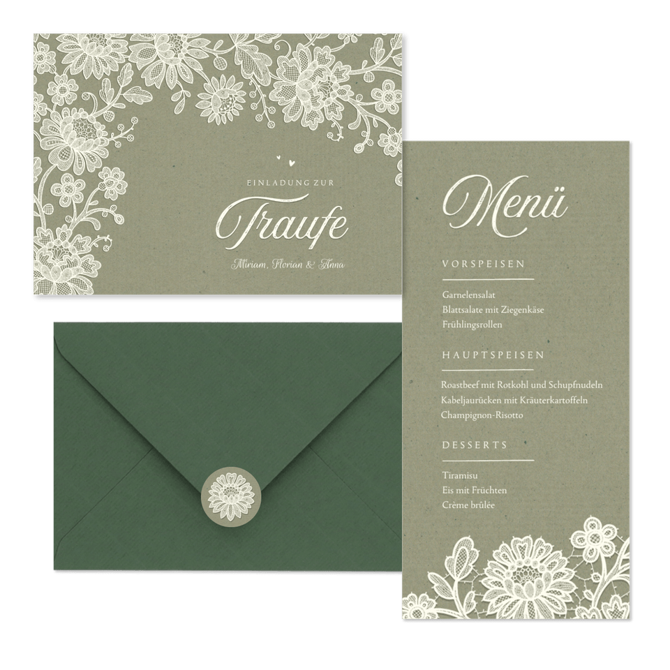 Hochzeitskartenset Spitze auf Olivgrün