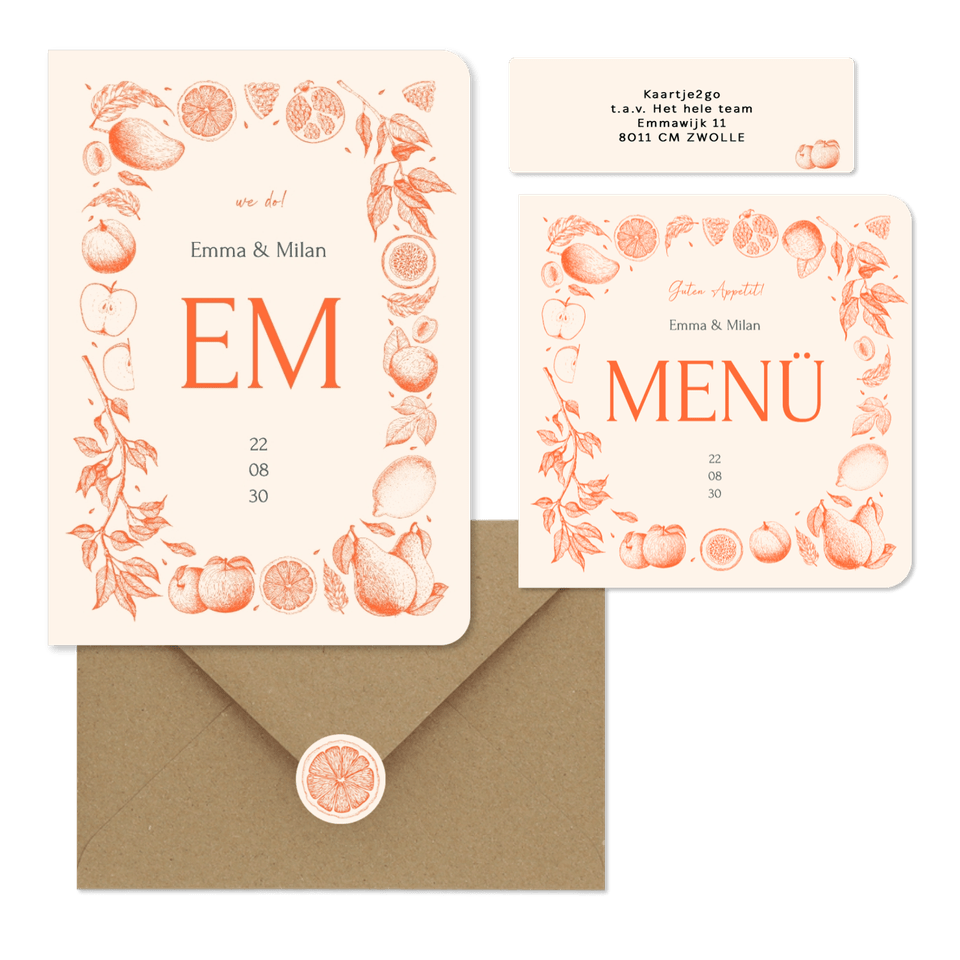 Hochzeit - Früchte in feinen Linienzeichnungen orange