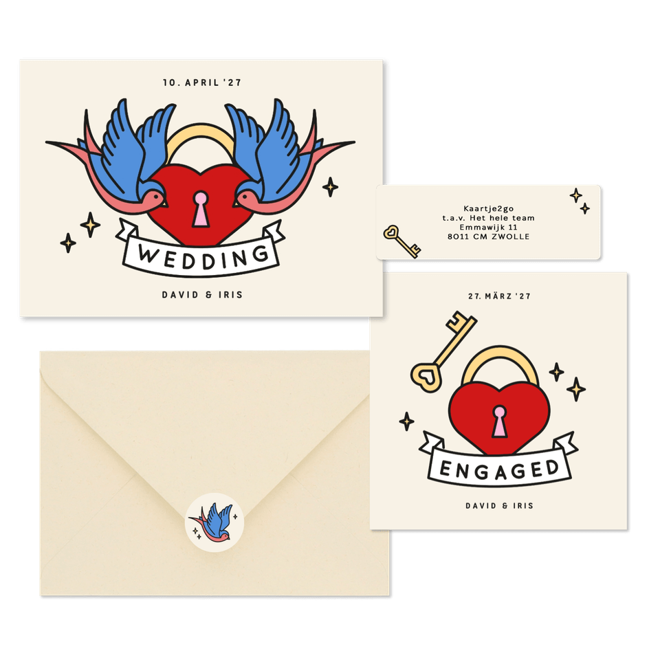 Hochzeitskartenset im Tattoolook Herz und Schwalben