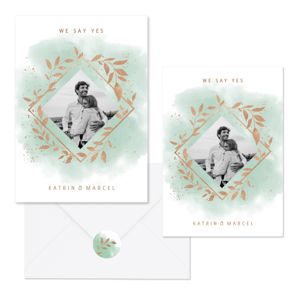 Hochzeitskartenset Fotorahmen golden Zweige mintgrün