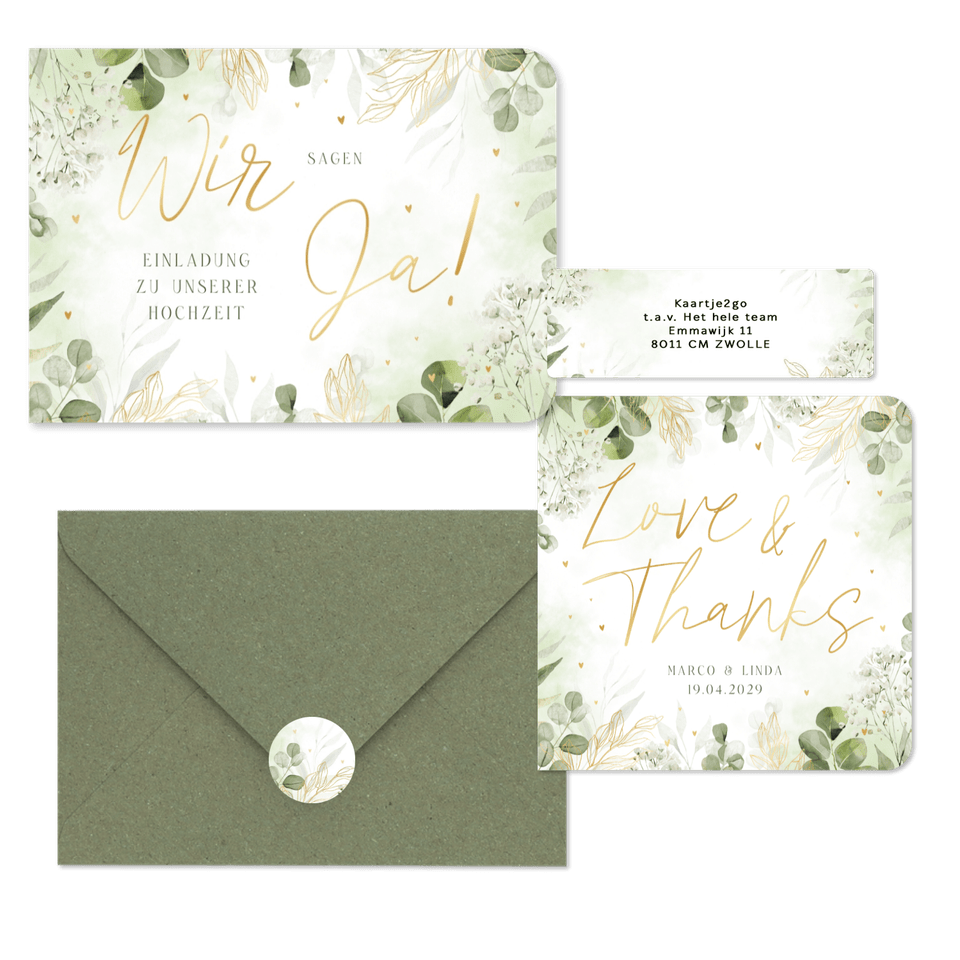 Hochzeitkartenset mit vielen grünen Zweige in Aquarell