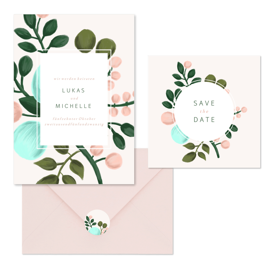 Hochzeitskartenset botanisches Design in Pastelltönen