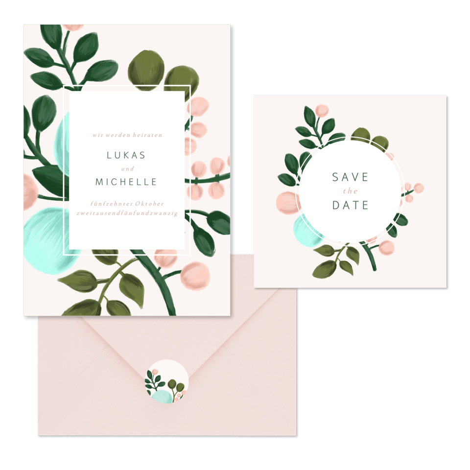 Hochzeitskartenset botanisches Design in Pastelltönen