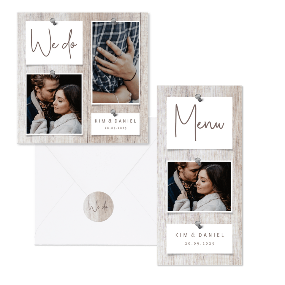 Hochzeitskartenset Fotocollage auf Holzhintergrund