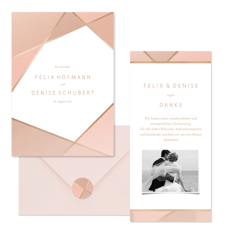 Hochzeitskartenset Geometrische Formen Rosé & Gold