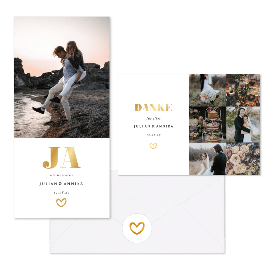Hochzeitskarten simpel Goldlook mit Fotos