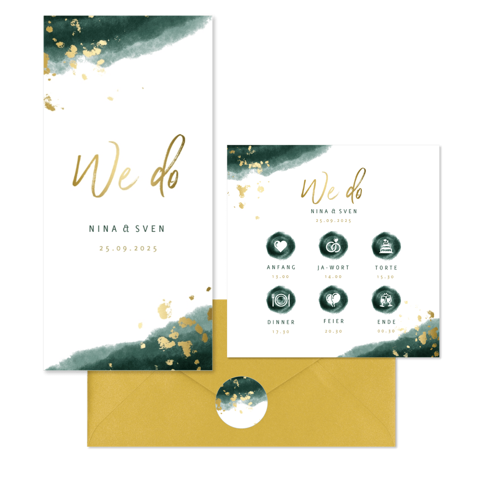 Hochzeitskartenset modernes Aquarell in Dunkelgrün