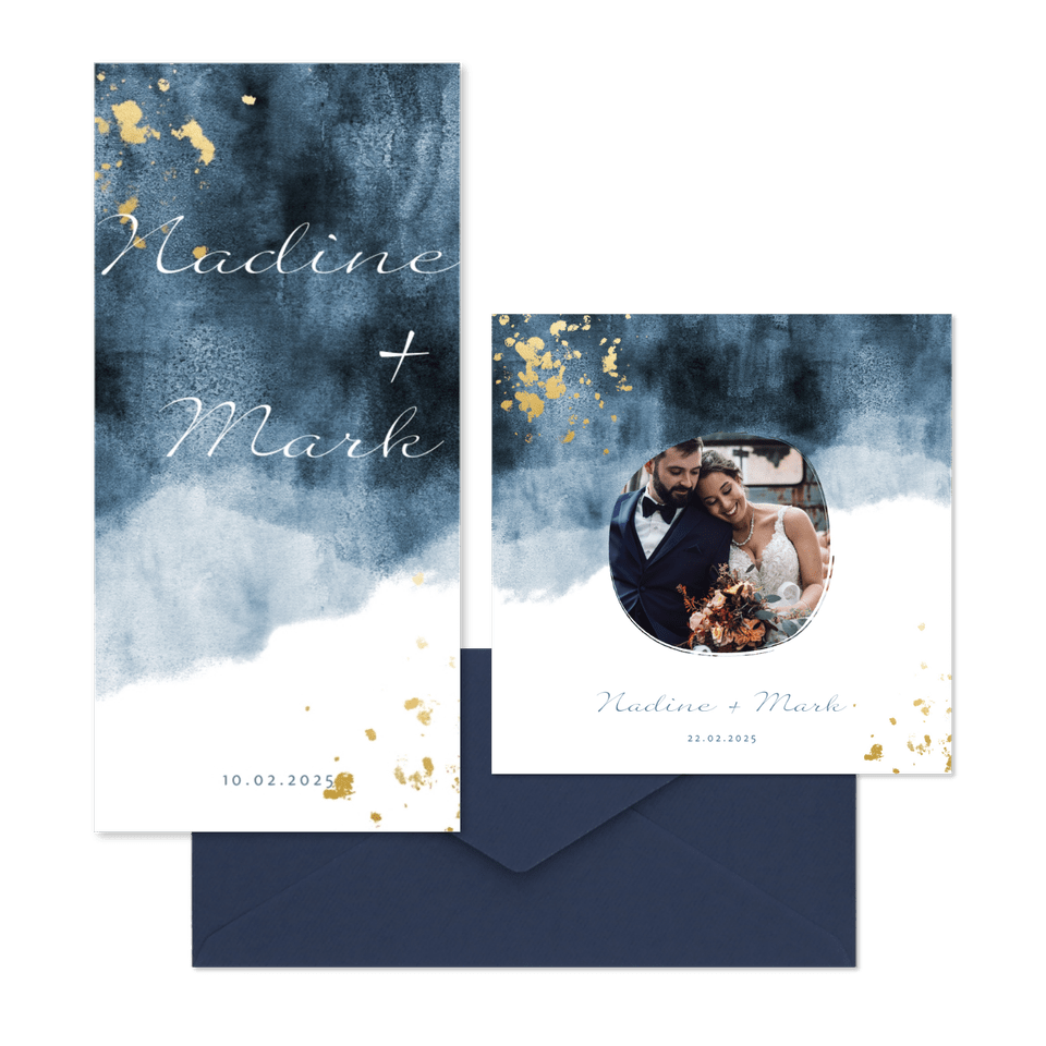Hochzeitskartenset in blauem Aquarelldesign mit Goldflecken