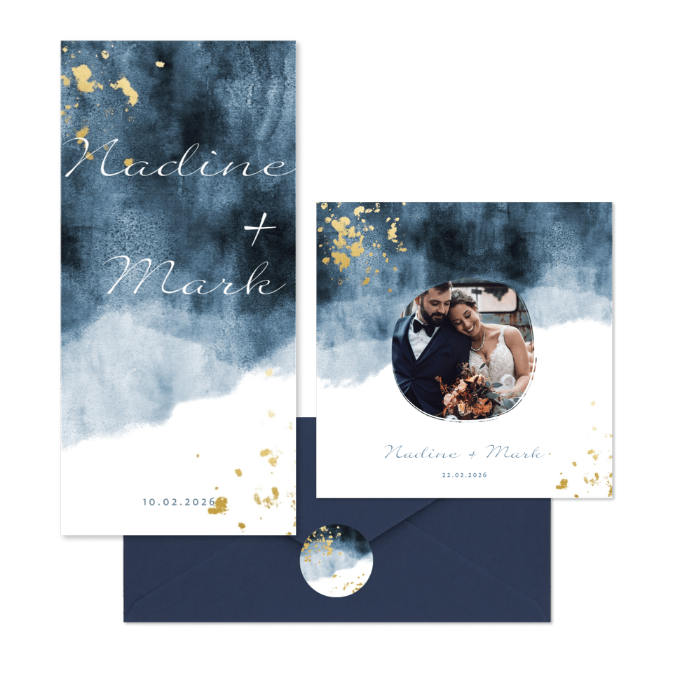 Hochzeitskartenset in blauem Aquarelldesign mit Goldflecken