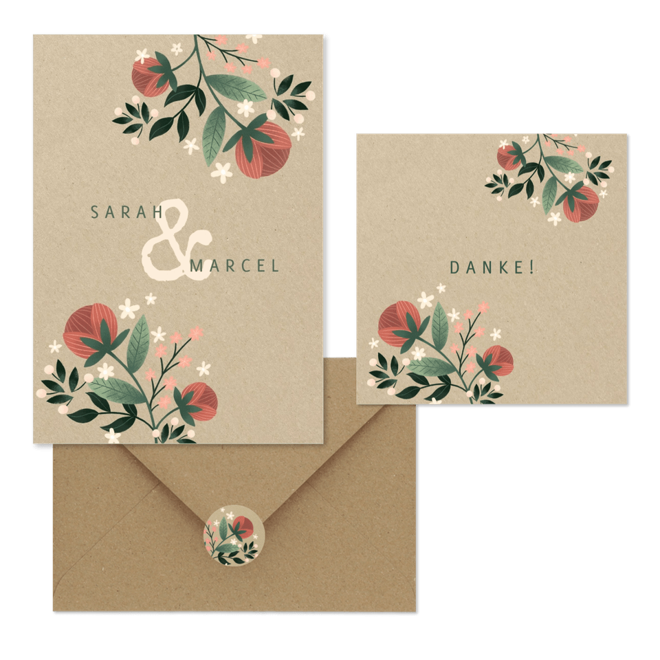 Hochzeitskartenset Vintage Blumen auf Kraftpapier