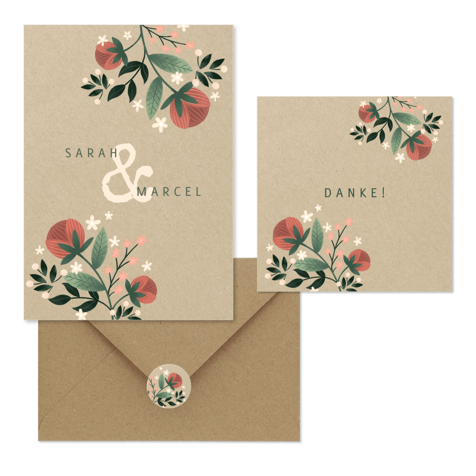Hochzeitskartenset Vintage Blumen auf Kraftpapier