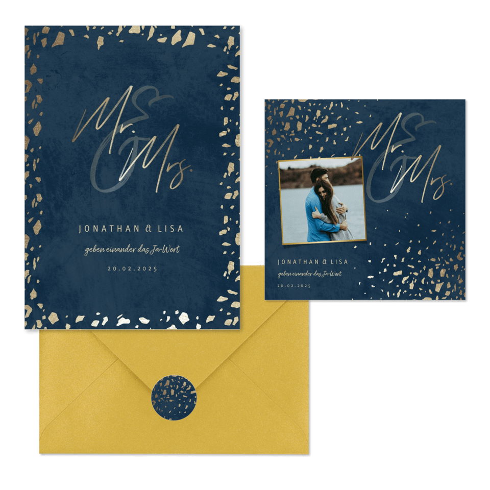 Hochzeitskartenset Dunkelblau mit Goldschnipseln