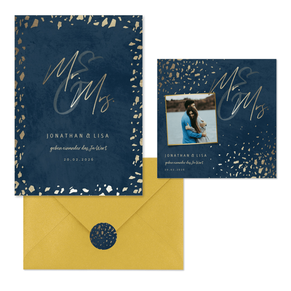 Hochzeitskartenset Dunkelblau mit Goldschnipseln
