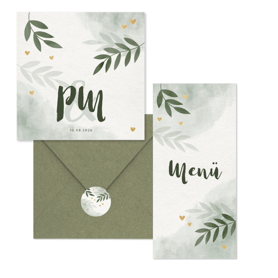 Hochzeitskartenset Botanical Wasserfarbe mit Goldherzchen