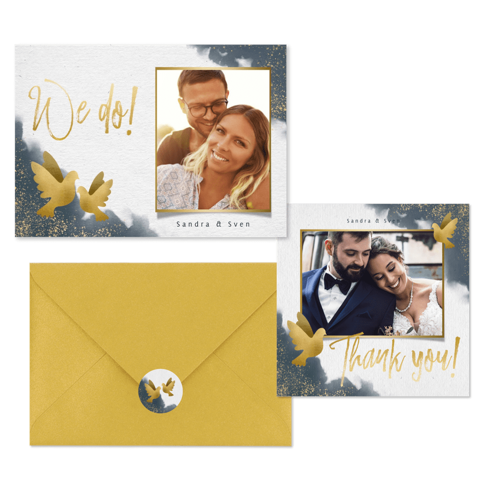 Hochzeitskartenset goldene Tauben auf Aquarell