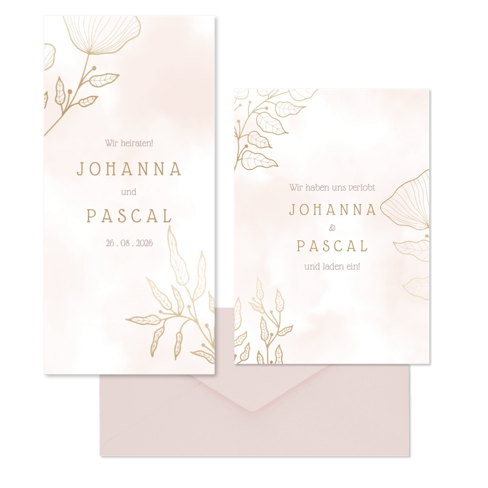 Hochzeitskartenset feine Blumen Line-Art in Gold & Rosa