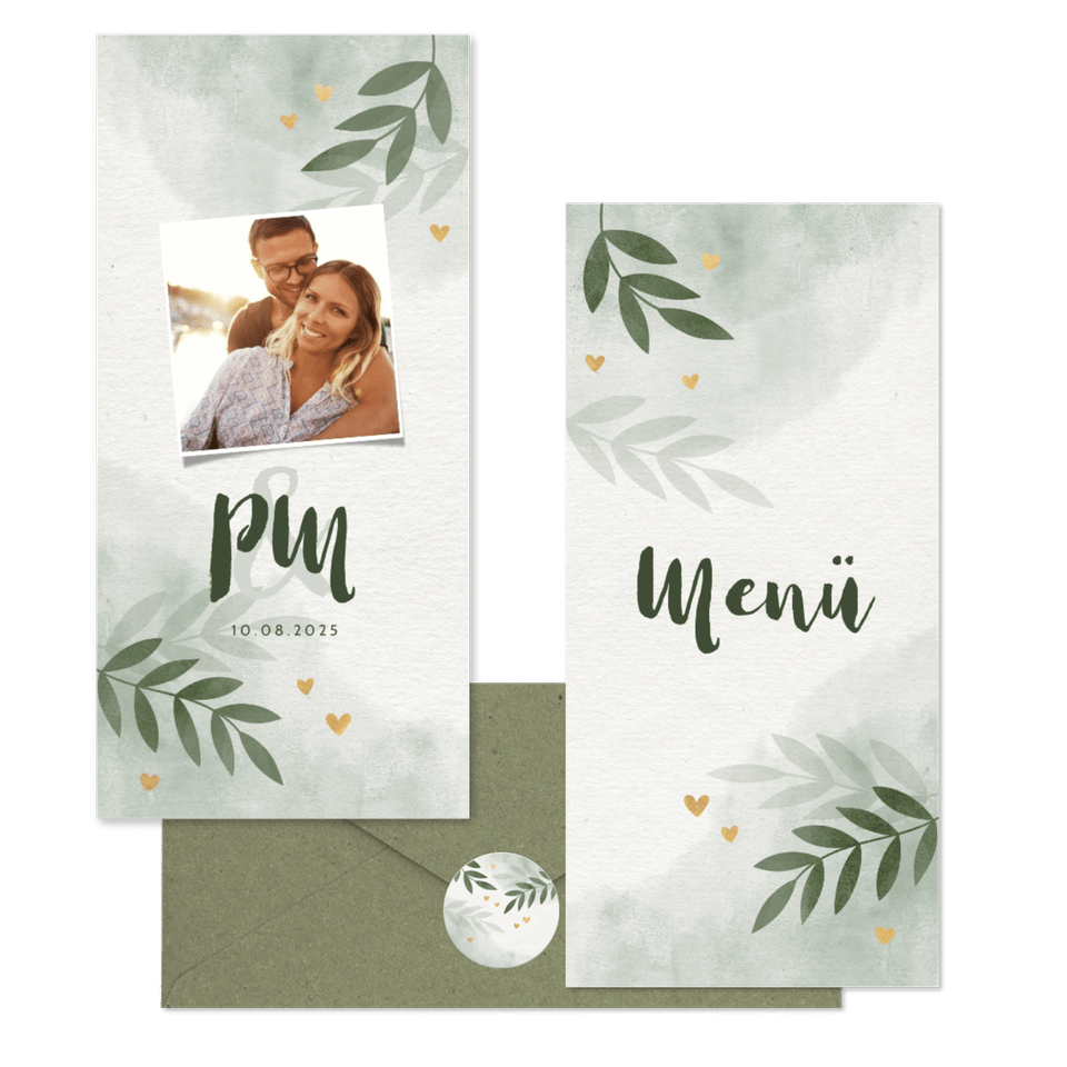 Hochzeitskartenset Botanical Wasserfarbe mit Goldherzchen