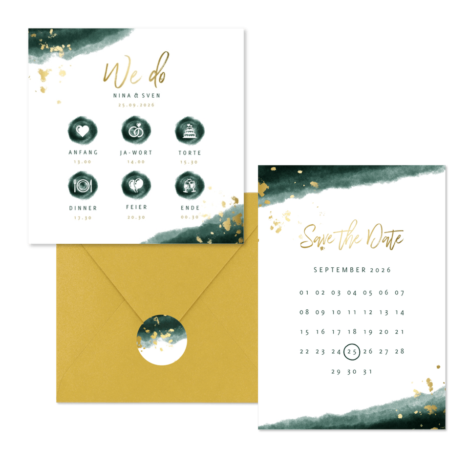 Hochzeitskartenset modernes Aquarell in Dunkelgrün