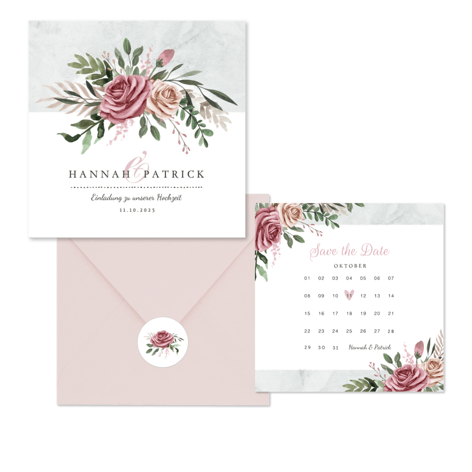 Hochzeitskartenset klassisches Rosenbukett