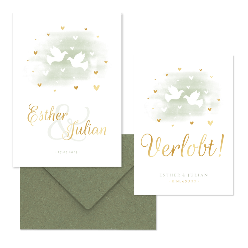 Hochzeitskartenset weiße Tauben auf mintgrünem Aquarell