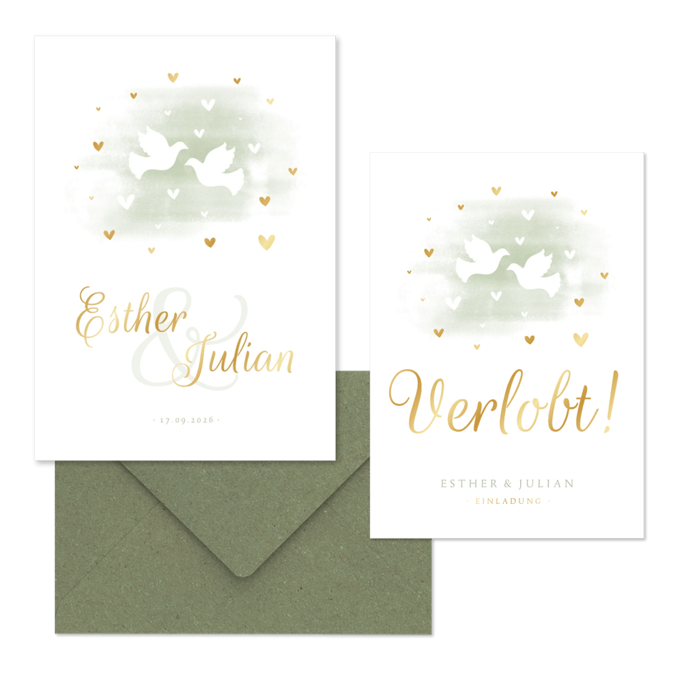 Hochzeitskartenset weiße Tauben auf mintgrünem Aquarell