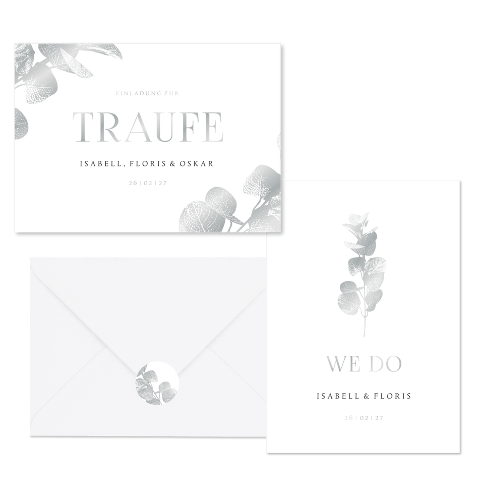 Hochzeitskartenset einfacher Eukalyptuszweig in Silber