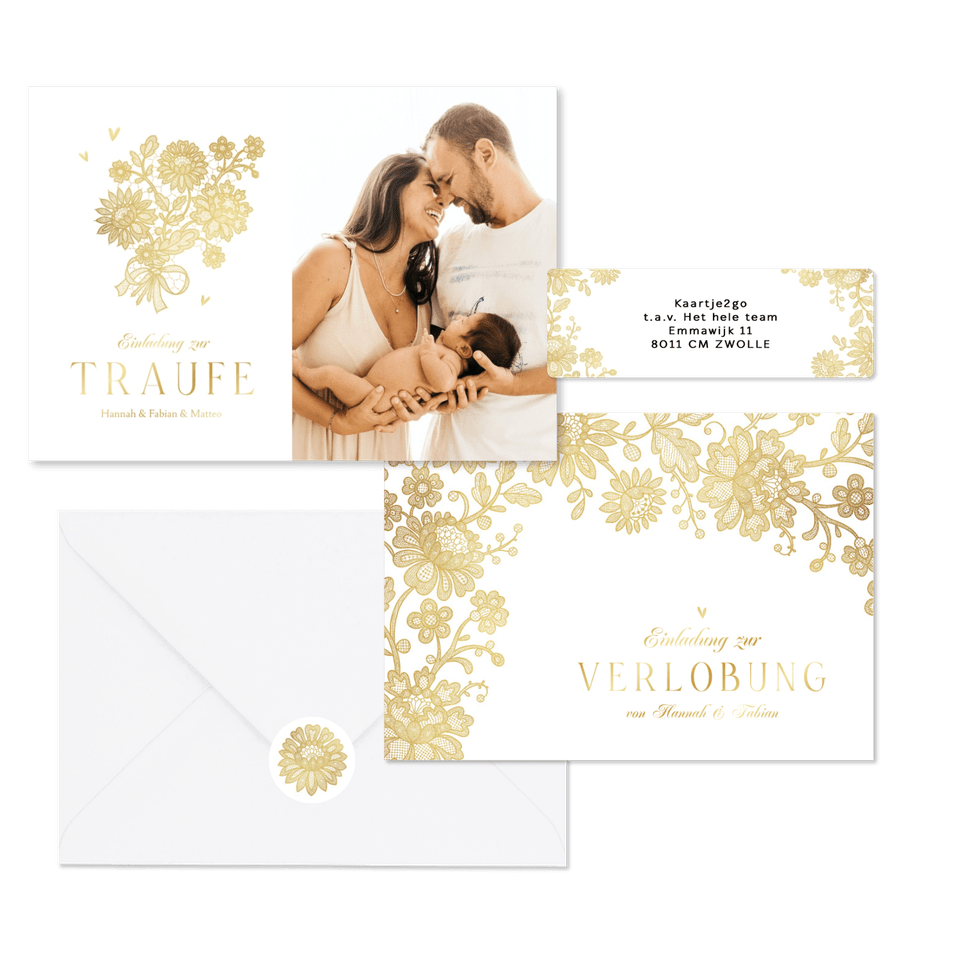 Hochzeitskartenset goldene Blumenspitze auf Weiß