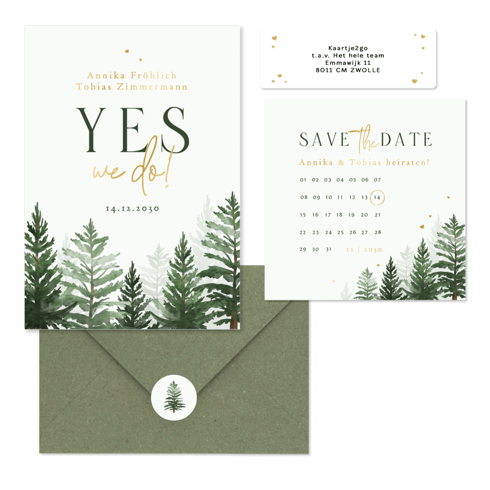 Winterhochzeit Kartenset Tannenbäume in Aquarell auf Hellgrün
