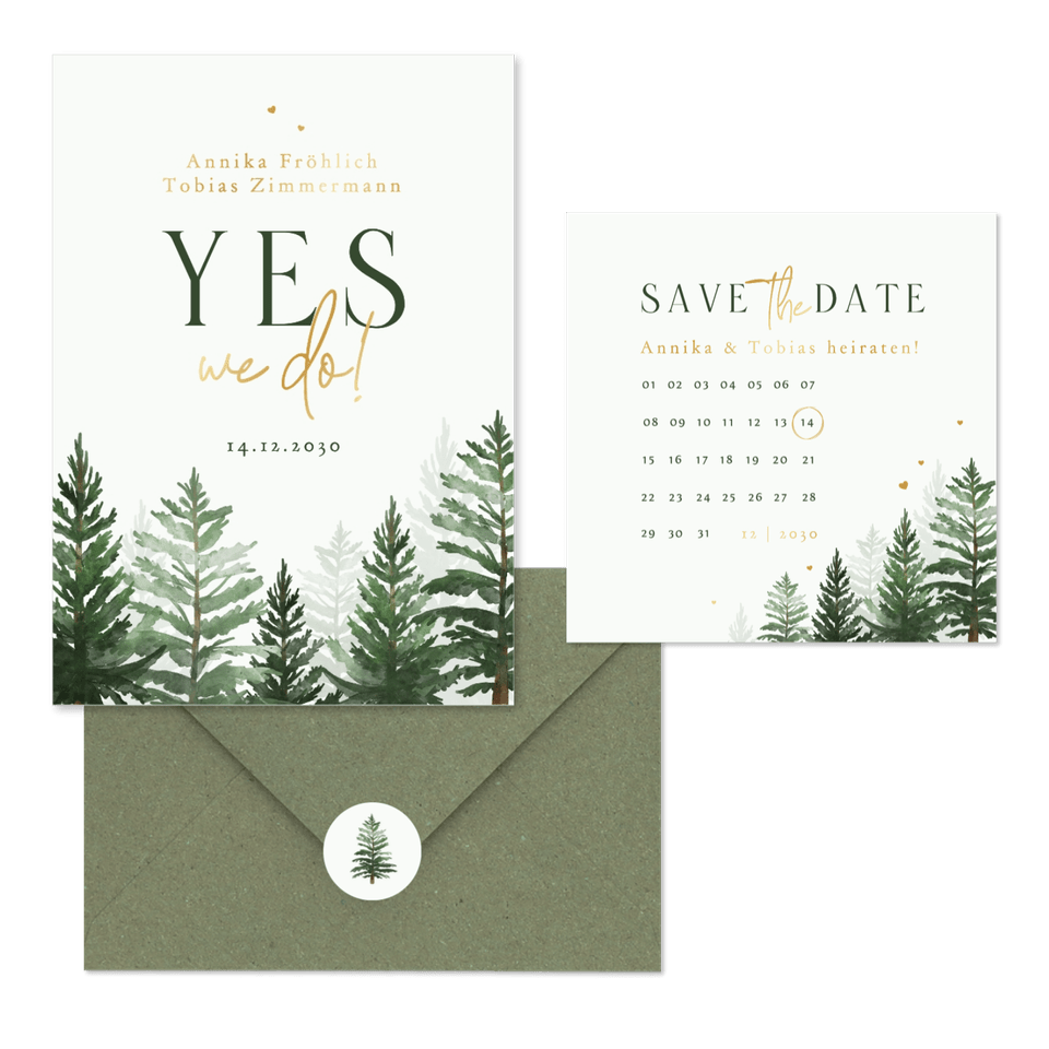 Winterhochzeit Kartenset Tannenbäume in Aquarell auf Hellgrün