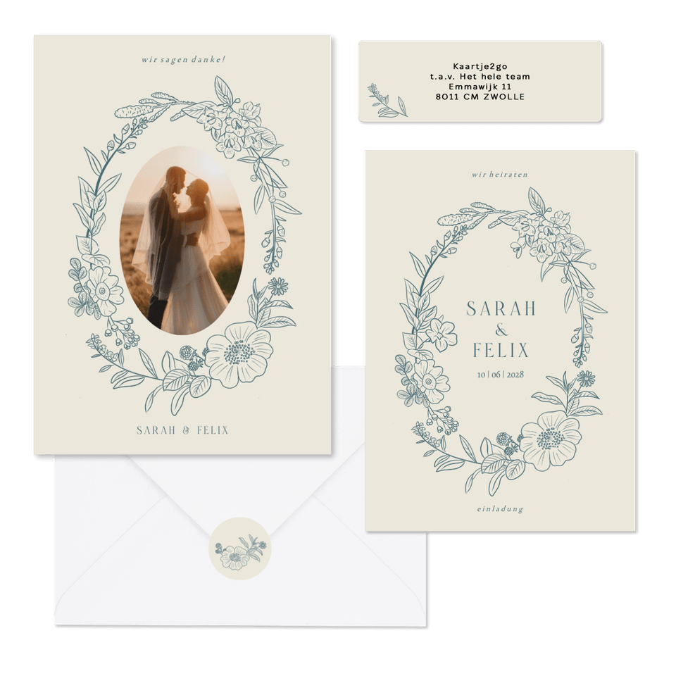 Hochzeitskartenset klassischer Blumenkranz in Blau