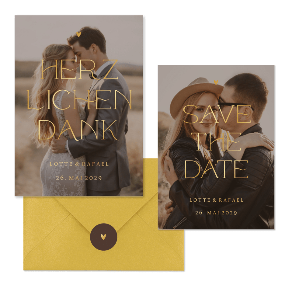 Fotokartenset zur Hochzeit mit elegantem goldenem Schriftzug